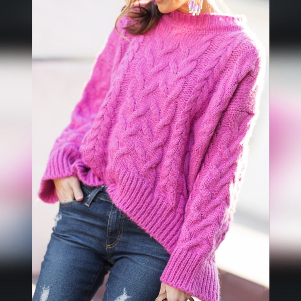 Goodnight Macaroon "Katelyn" Crewneck Bright Pink Chunky Sweater.  NWT